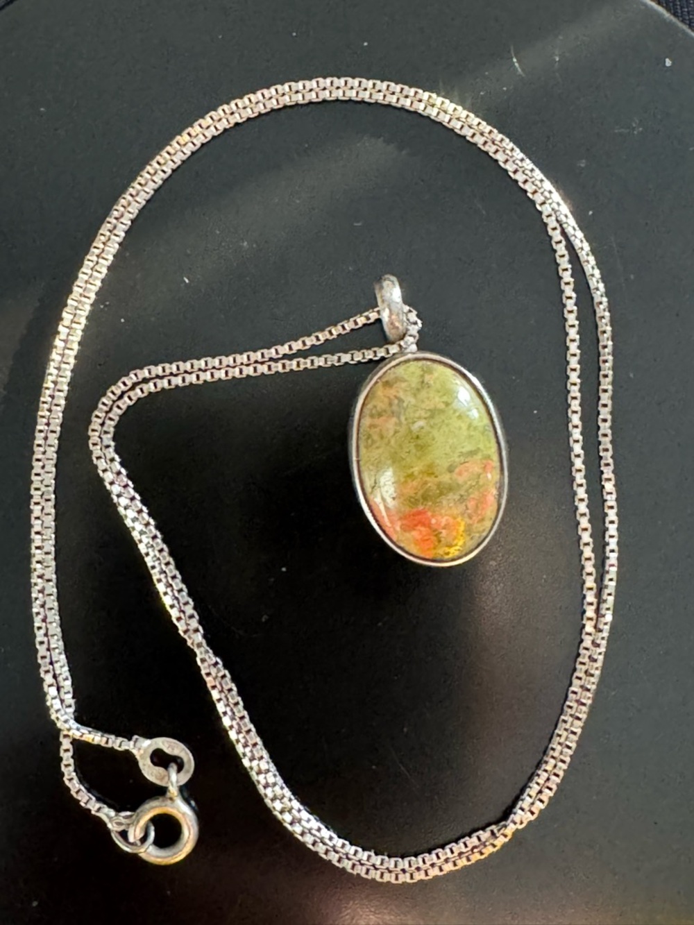 Sterling Silver Unakite Jasper Pendant Necklace 21”- Signed J. John - Minimalist